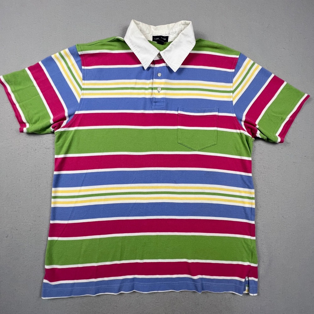 Lands' End Polo Shirt Mens Large Multi Color Striped Cotton Pique Preppy Casual